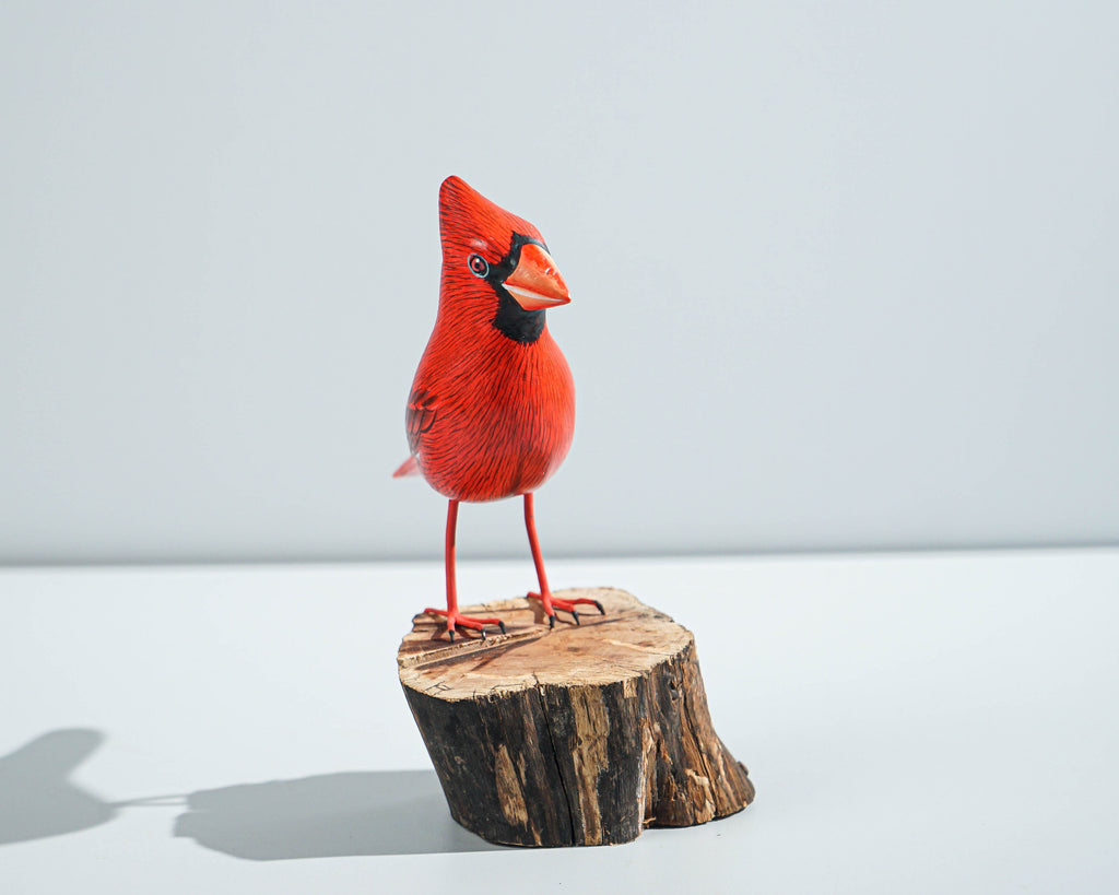 Red Bird Sculpture, Painted Wood Carving, Wooden Bird Art, Handcrafted, Decorative, Animal Statue, Artwork, Gift for Him, Birthday Gift