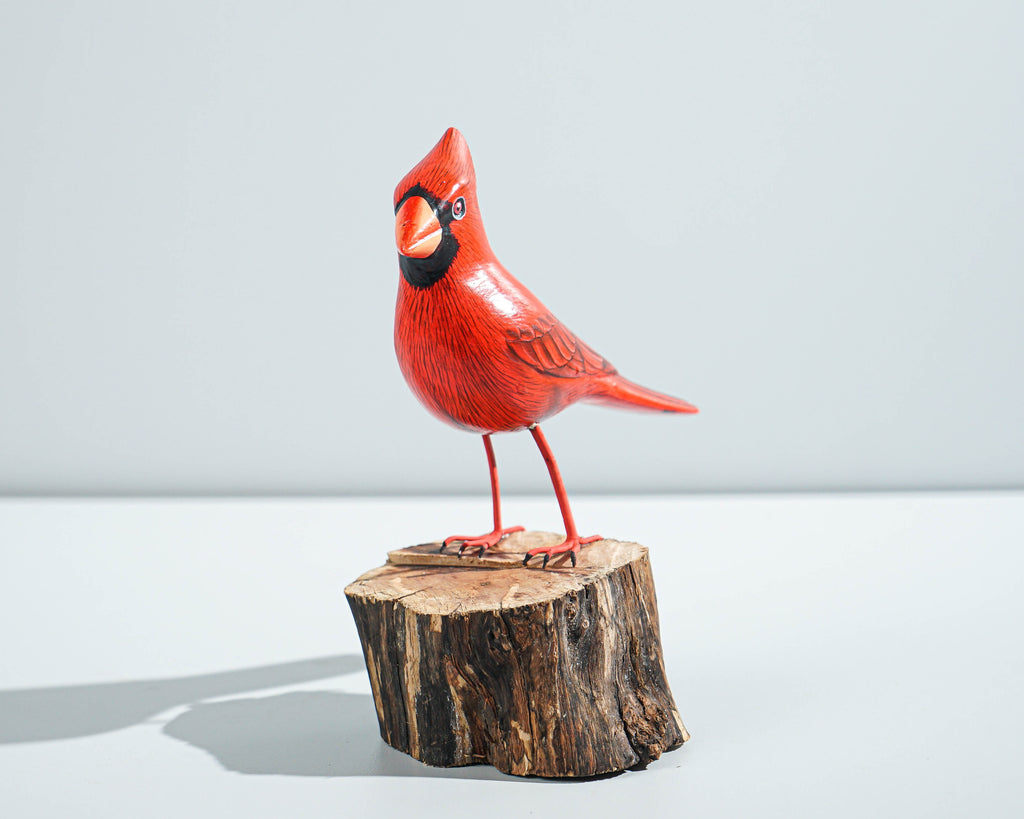 Red Bird Sculpture, Painted Wood Carving, Wooden Bird Art, Handcrafted, Decorative, Animal Statue, Artwork, Gift for Him, Birthday Gift