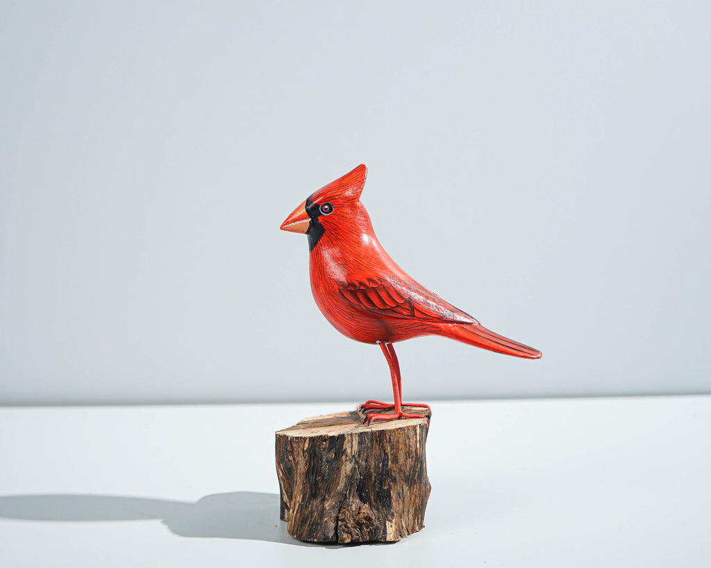 Red Bird Sculpture, Painted Wood Carving, Wooden Bird Art, Handcrafted, Decorative, Animal Statue, Artwork, Gift for Him, Birthday Gift