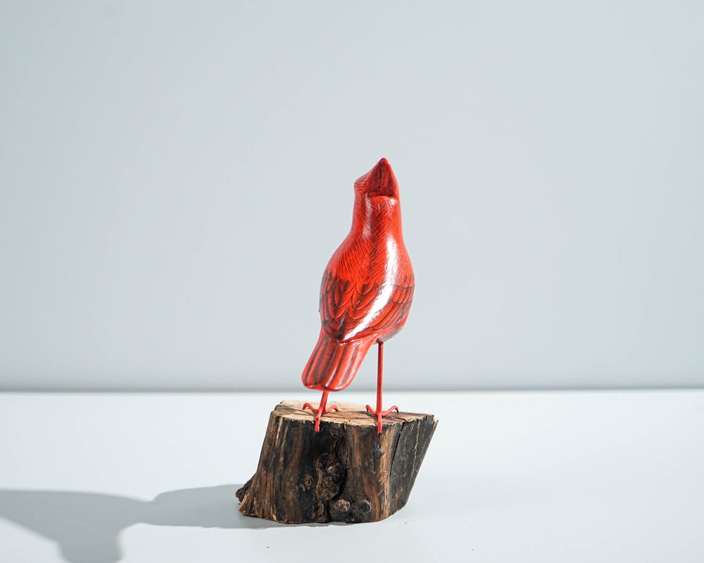 Red Bird Sculpture, Painted Wood Carving, Wooden Bird Art, Handcrafted, Decorative, Animal Statue, Artwork, Gift for Him, Birthday Gift