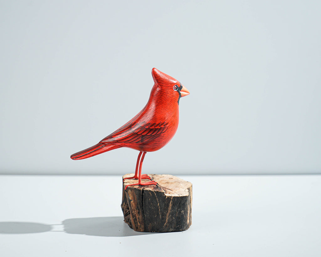 Red Bird Sculpture, Painted Wood Carving, Wooden Bird Art, Handcrafted, Decorative, Animal Statue, Artwork, Gift for Him, Birthday Gift