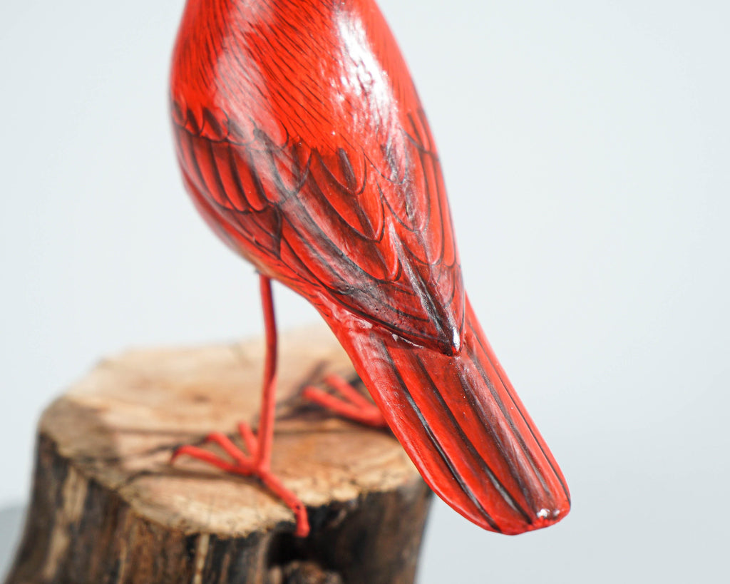 Red Bird Sculpture, Painted Wood Carving, Wooden Bird Art, Handcrafted, Decorative, Animal Statue, Artwork, Gift for Him, Birthday Gift