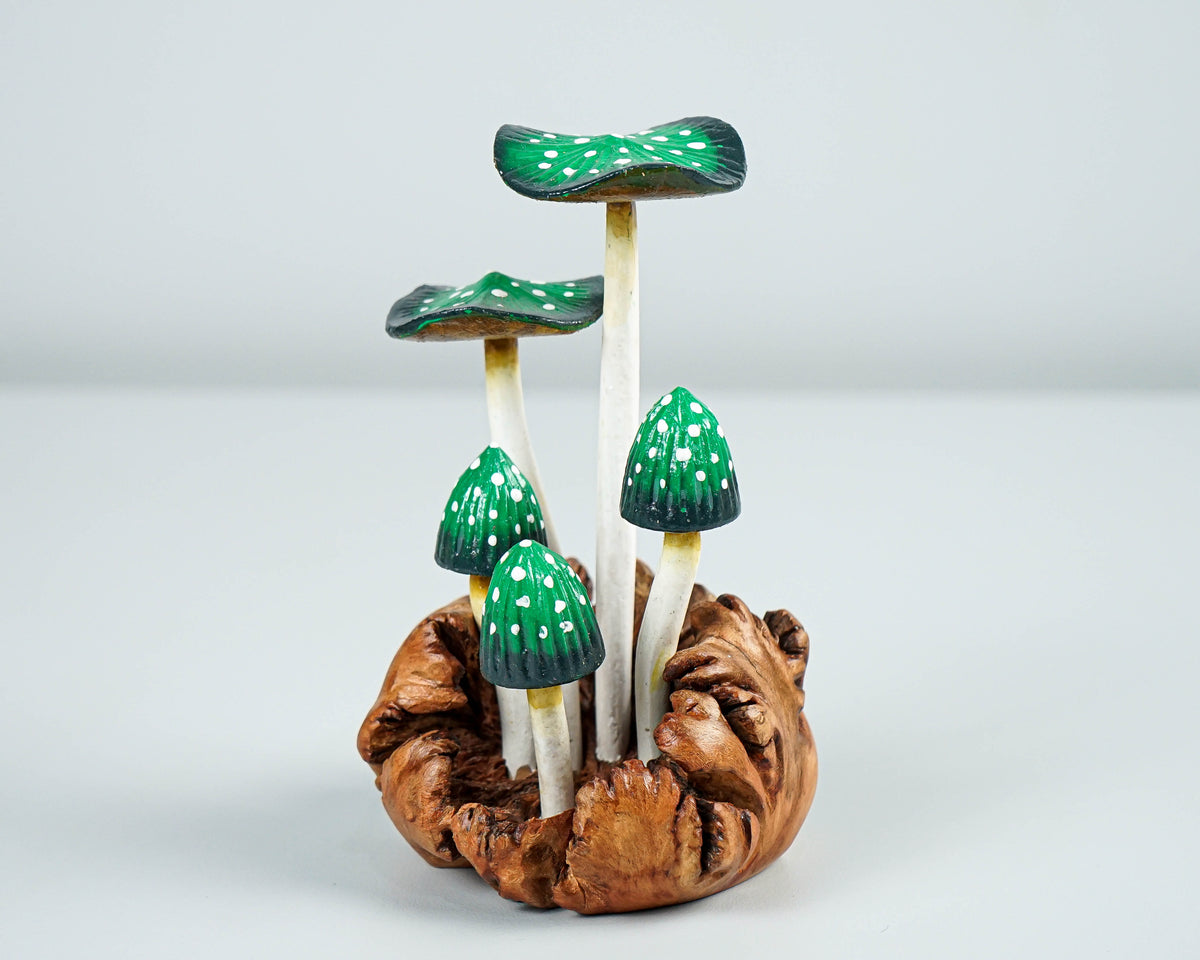 Green Mushroom Sculpture 5.2in Tall Hand-Painted Magical Wood Decor Gift