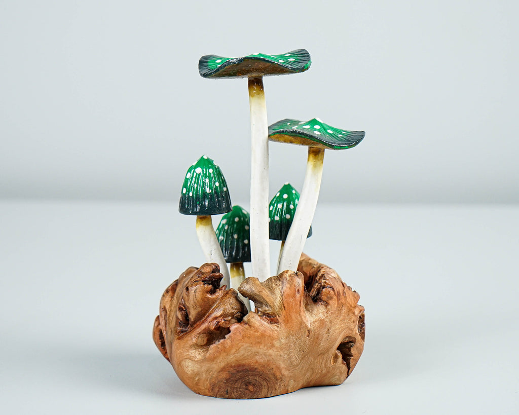Green Mushroom Sculpture 5.2in Tall Hand-Painted Magical Wood Decor Gift