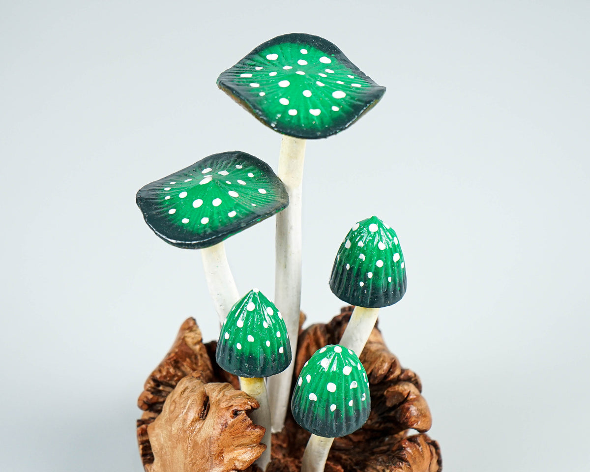Green Mushroom Sculpture 5.2in Tall Hand-Painted Magical Wood Decor Gift