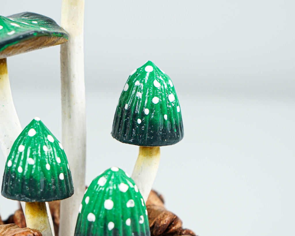 Green Mushroom Sculpture 5.2in Tall Hand-Painted Magical Wood Decor Gift