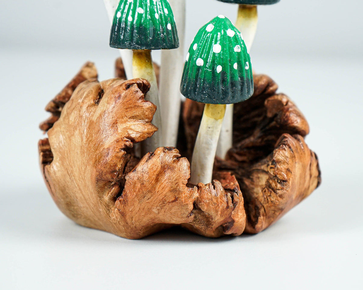 Green Mushroom Sculpture 5.2in Tall Hand-Painted Magical Wood Decor Gift