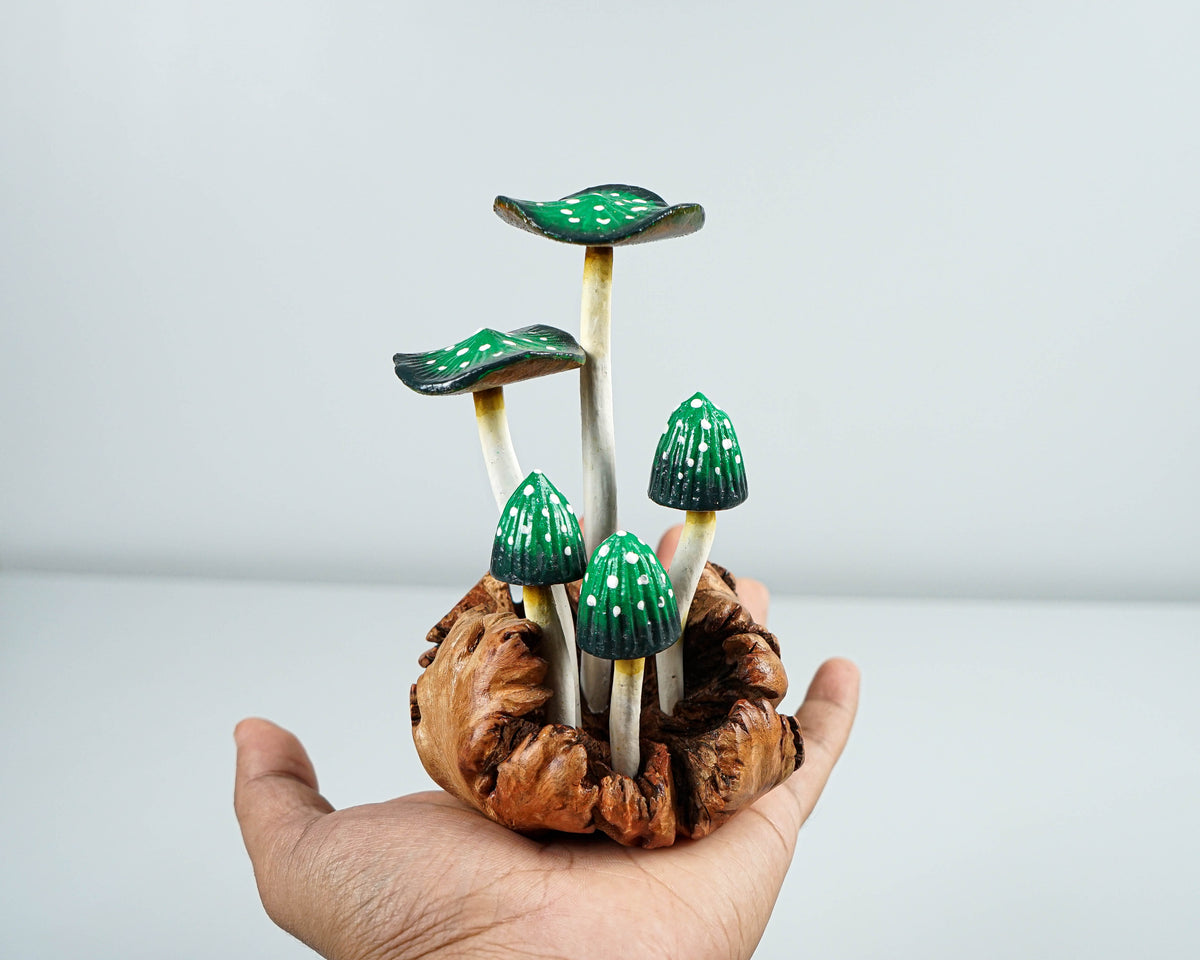 Green Mushroom Sculpture 5.2in Tall Hand-Painted Magical Wood Decor Gift