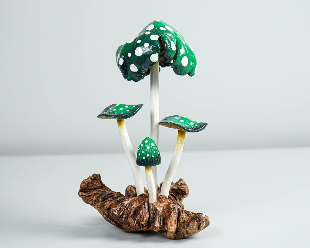 Dark Green Mushroom Sculpture 5in Tall Hand-Painted Wooden Art Decor