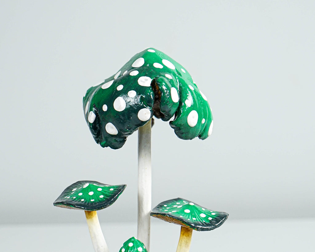 Dark Green Mushroom Sculpture 5in Tall Hand-Painted Wooden Art Decor