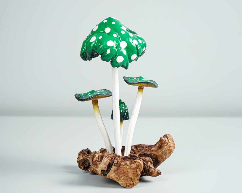 Dark Green Mushroom Sculpture 5in Tall Hand-Painted Wooden Art Decor