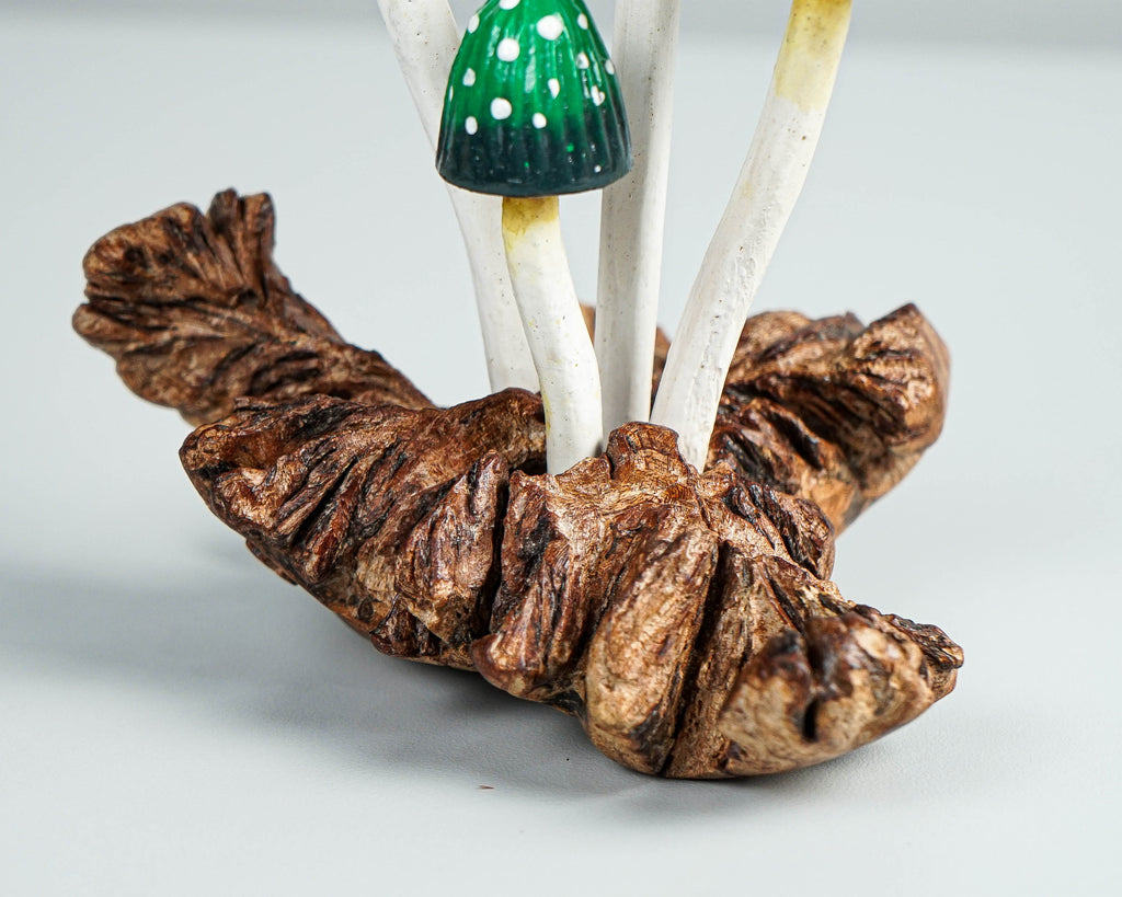Dark Green Mushroom Sculpture 5in Tall Hand-Painted Wooden Art Decor