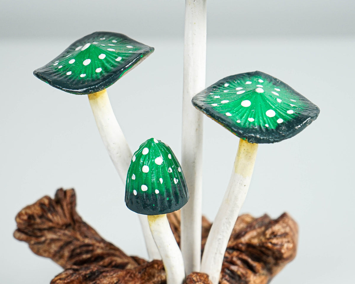 Dark Green Mushroom Sculpture 5in Tall Hand-Painted Wooden Art Decor