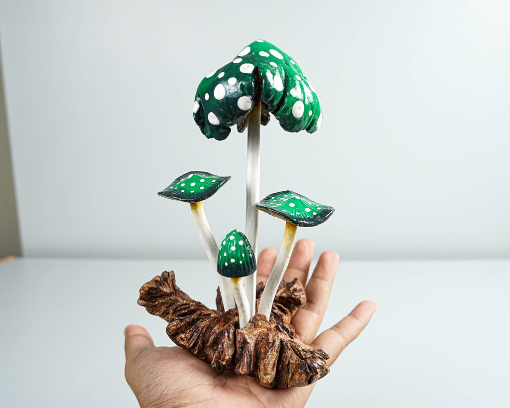 Dark Green Mushroom Sculpture 5in Tall Hand-Painted Wooden Art Decor