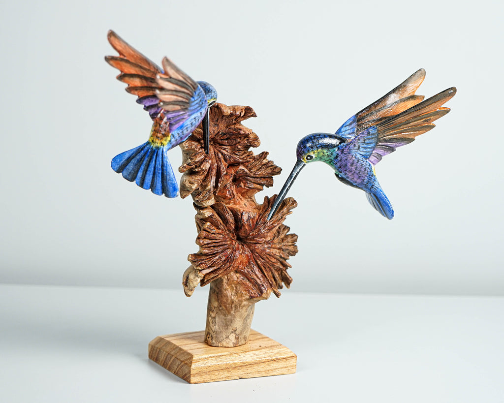 Blue Hummingbirds Statue, Colorful, Duo, Couple Statue, Painted Sculpture, Wood Carving, Bird Statue,  Wedding Decor, Valentines Gift