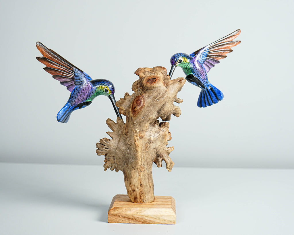 Blue Hummingbirds Statue, Colorful, Duo, Couple Statue, Painted Sculpture, Wood Carving, Bird Statue,  Wedding Decor, Valentines Gift