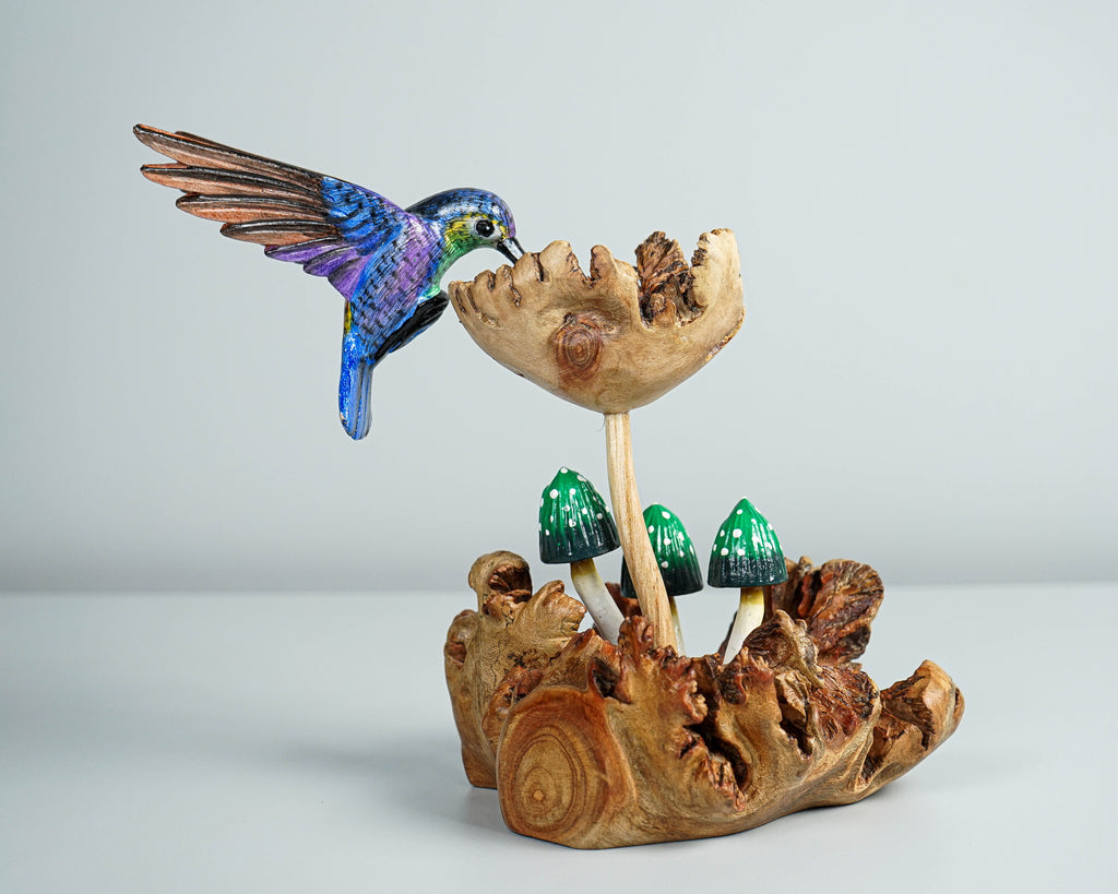 Blue Hummingbird with Green Mushrooms Statue, Painted Sculpture, Wood Carving, Unique Art, Bird Figurine, Gift for Him, Best Friend Gift