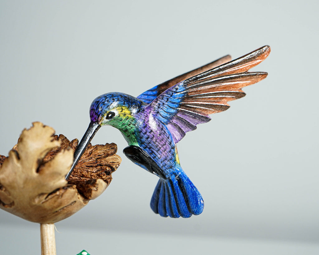 Blue Hummingbird with Green Mushrooms Statue, Painted Sculpture, Wood Carving, Unique Art, Bird Figurine, Gift for Him, Best Friend Gift