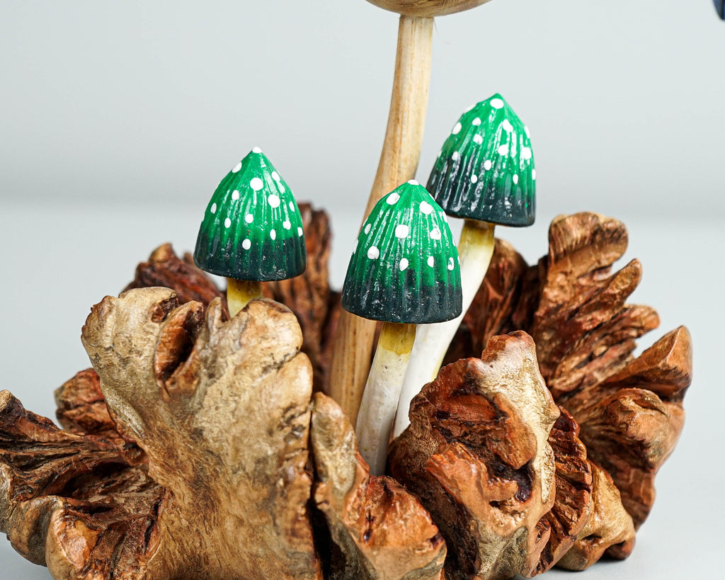 Blue Hummingbird with Green Mushrooms Statue, Painted Sculpture, Wood Carving, Unique Art, Bird Figurine, Gift for Him, Best Friend Gift