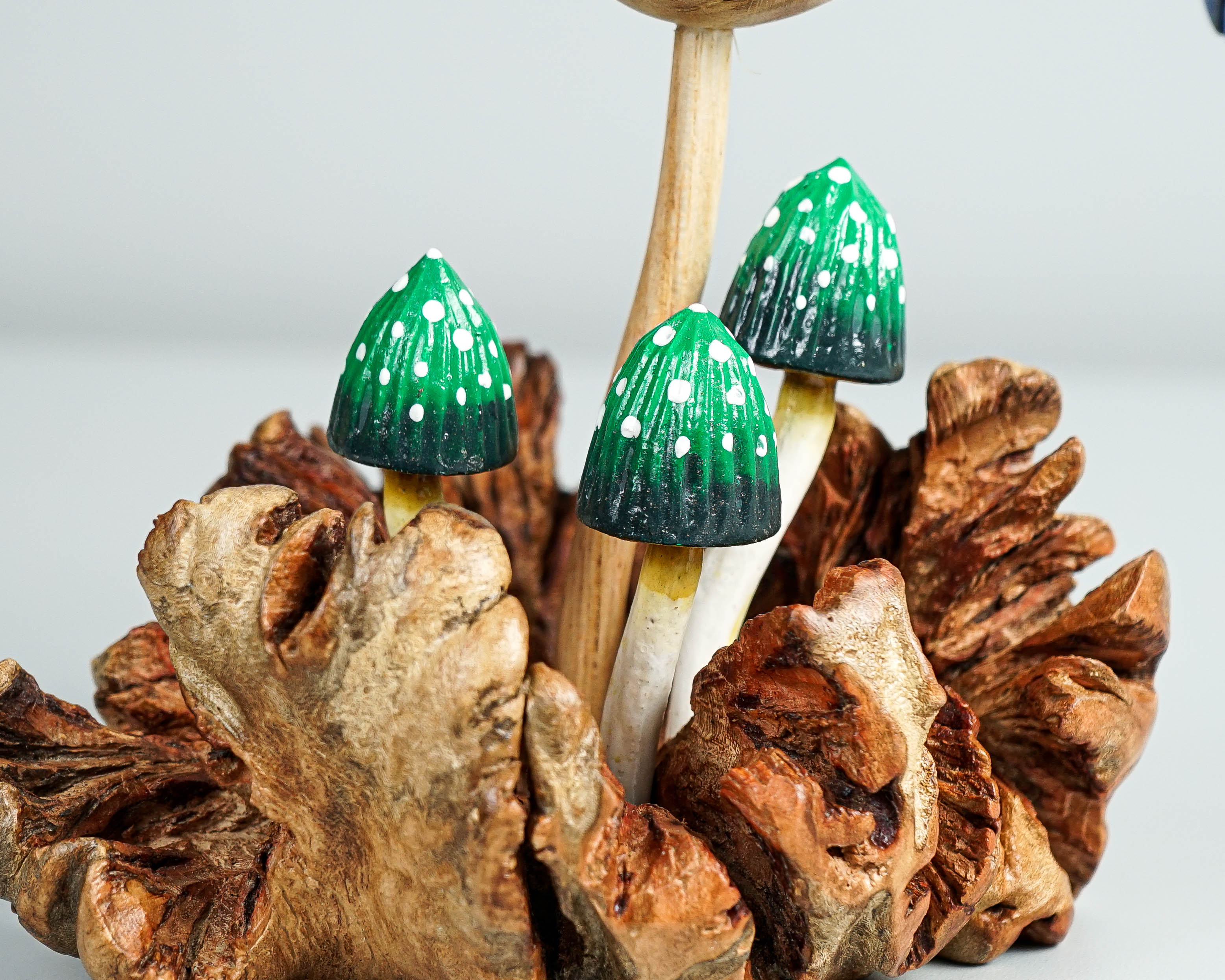 Blue Hummingbird with Green Mushrooms Statue, Painted Sculpture, Wood Carving, Unique Art, Bird Figurine, Gift for Him, Best Friend Gift