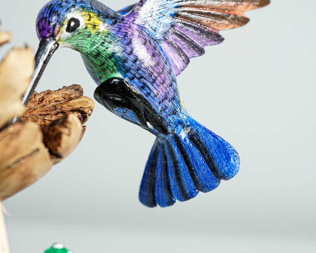 Blue Hummingbird with Green Mushrooms Statue, Painted Sculpture, Wood Carving, Unique Art, Bird Figurine, Gift for Him, Best Friend Gift