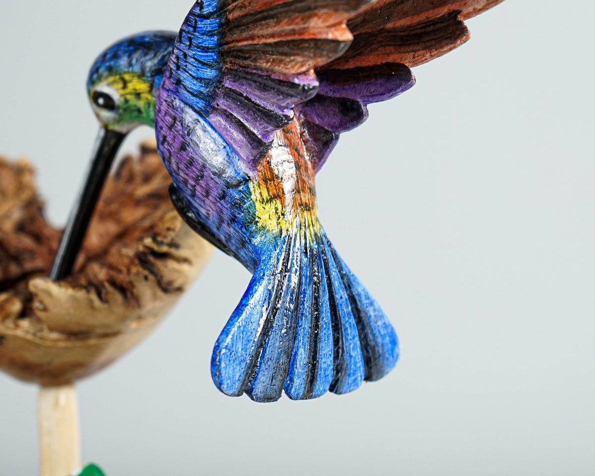 Blue Hummingbird with Green Mushrooms Statue, Painted Sculpture, Wood Carving, Unique Art, Bird Figurine, Gift for Him, Best Friend Gift