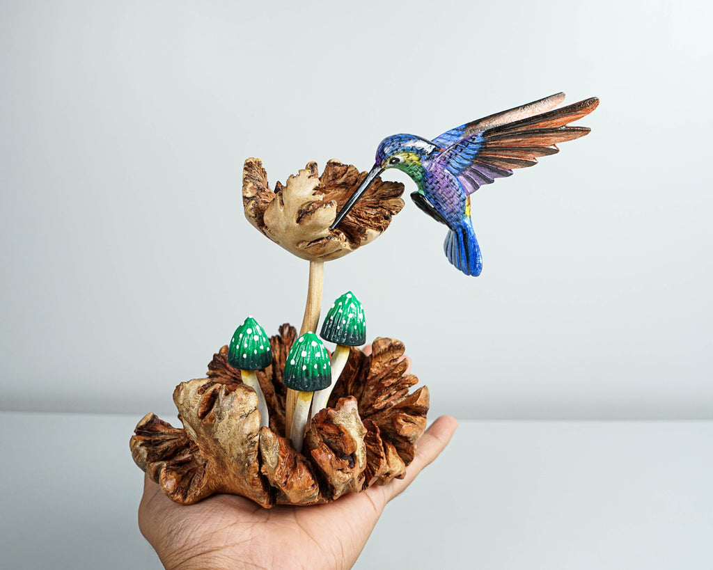 Blue Hummingbird with Green Mushrooms Statue, Painted Sculpture, Wood Carving, Unique Art, Bird Figurine, Gift for Him, Best Friend Gift