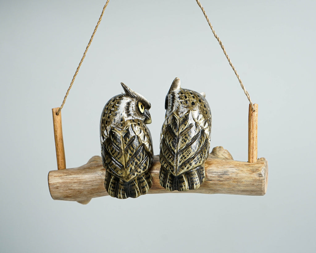Hanging Couple Owl Sculpture 7.4in length Hand-Carved Wooden Owl Art Decor