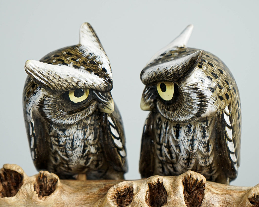 Hanging Couple Owl Sculpture 7.4in length Hand-Carved Wooden Owl Art Decor