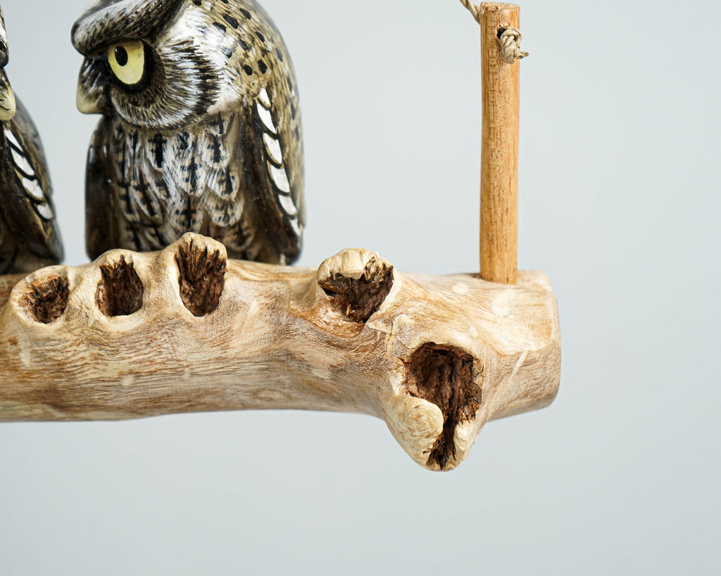 Hanging Couple Owl Sculpture 7.4in length Hand-Carved Wooden Owl Art Decor