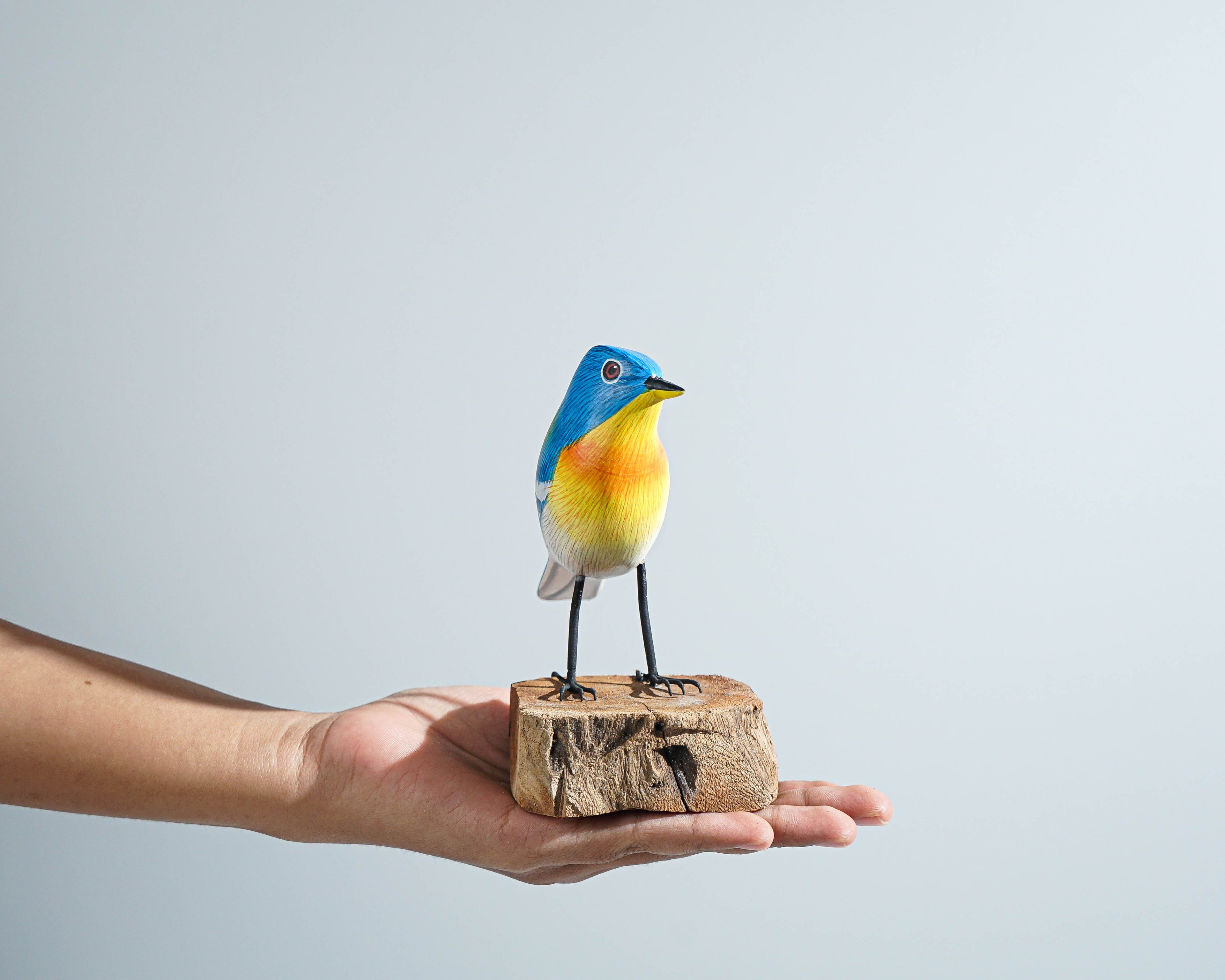 Blue & Yellow Bird Sculpture 5in Tall Hand-Carved Wooden Bird Art Decor