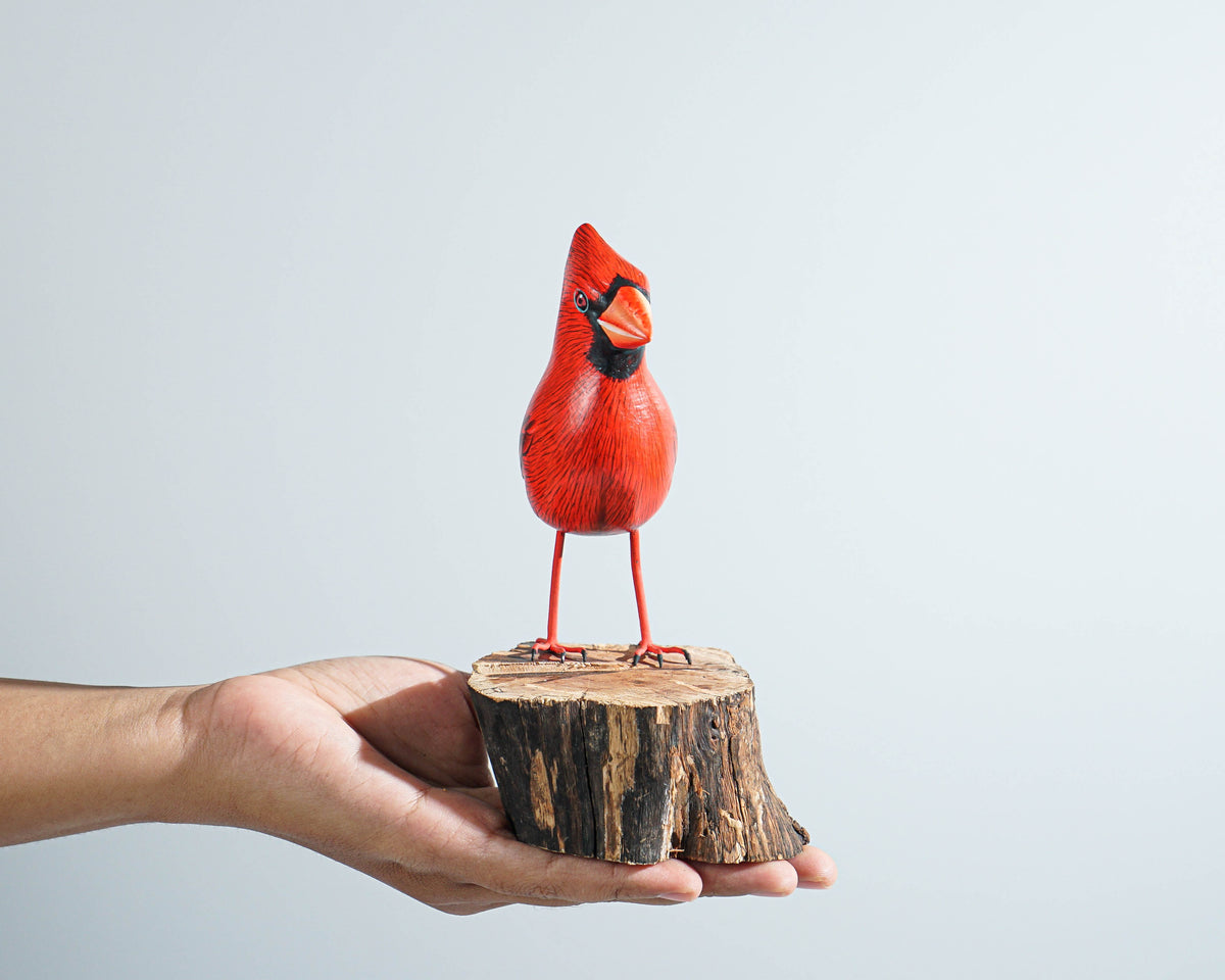 Red Bird Sculpture, Painted Wood Carving, Wooden Bird Art, Handcrafted, Decorative, Animal Statue, Artwork, Gift for Him, Birthday Gift