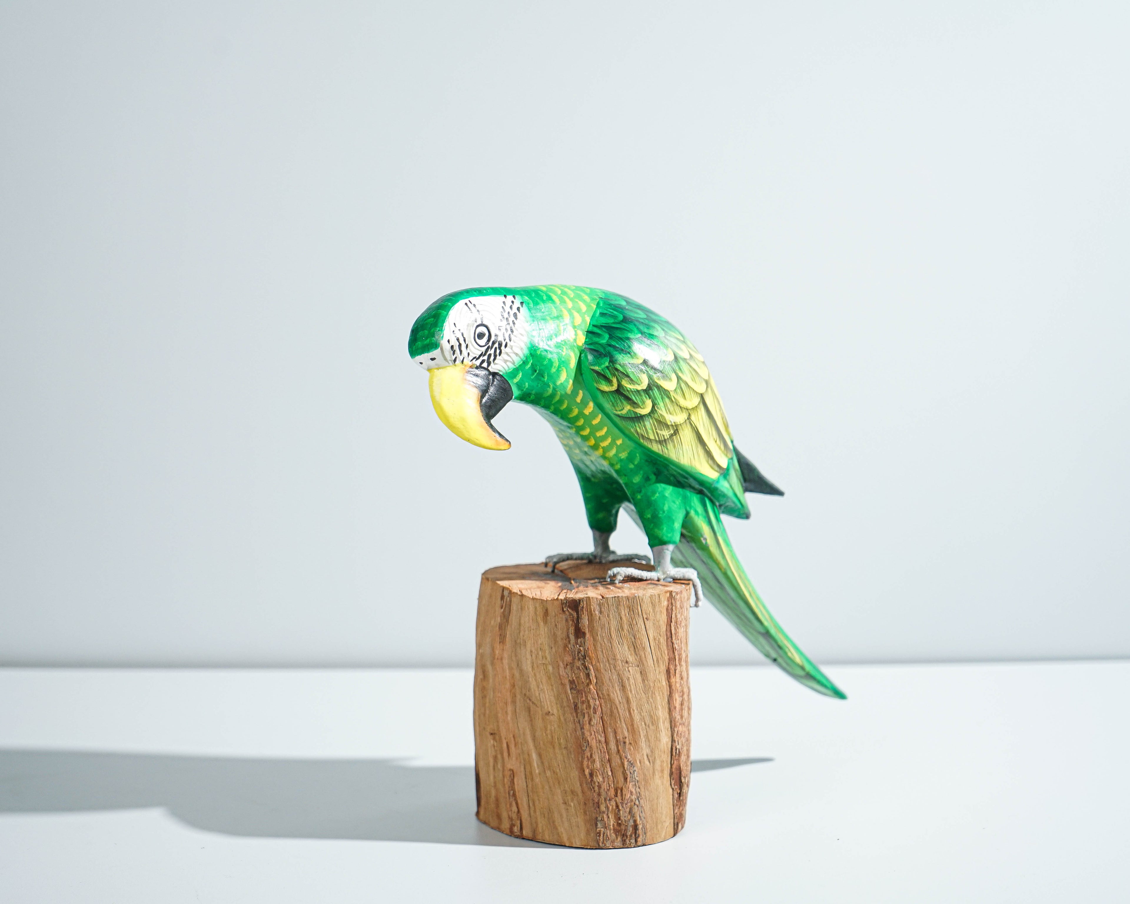 Green Yellow Macaw Parrot Statue, Painted Wood Carving, Colorful Art, Antique, Bird Figurine, Handcrafted, Indoor Decor, Gift for Him
