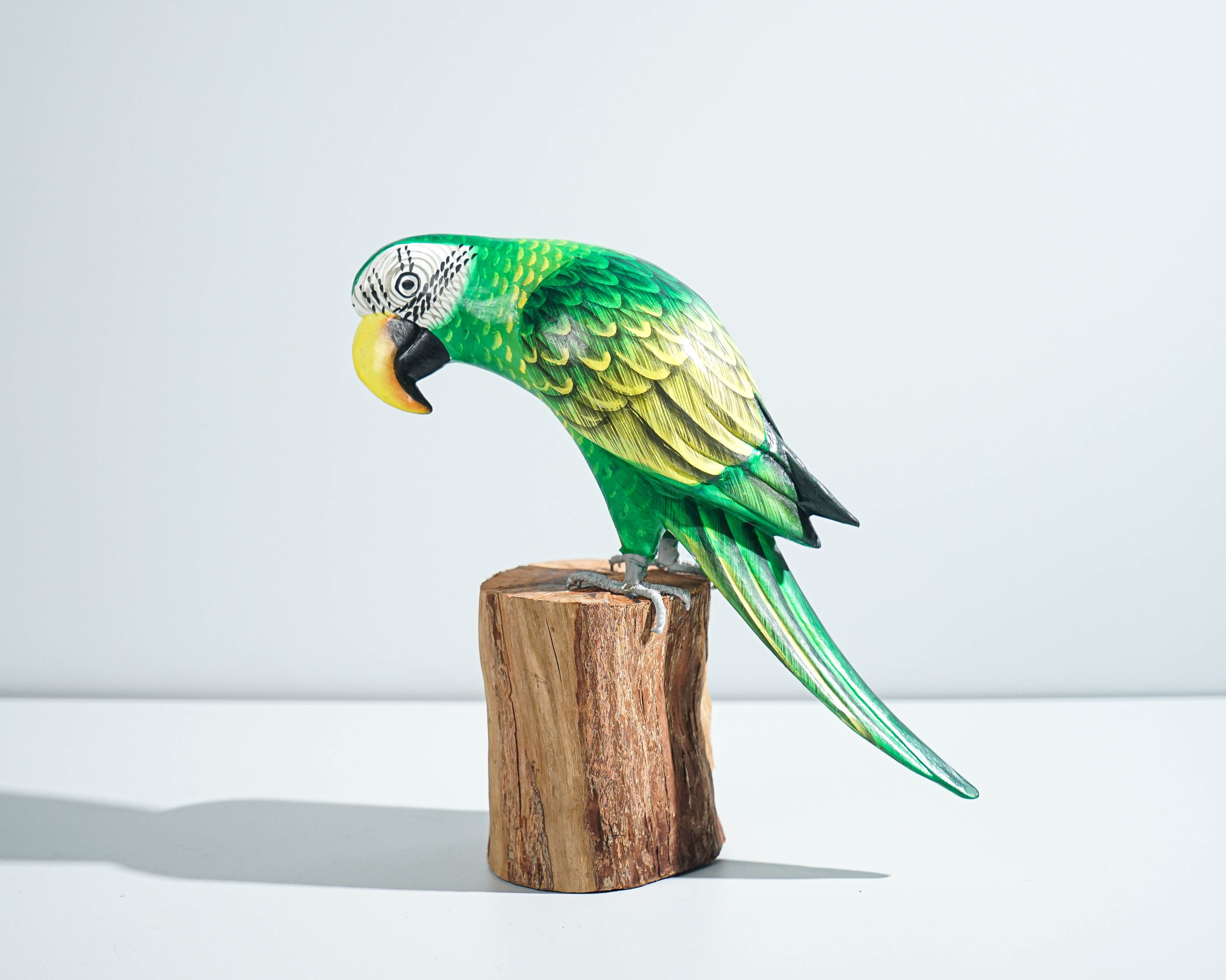 Green Yellow Macaw Parrot Statue, Painted Wood Carving, Colorful Art, Antique, Bird Figurine, Handcrafted, Indoor Decor, Gift for Him