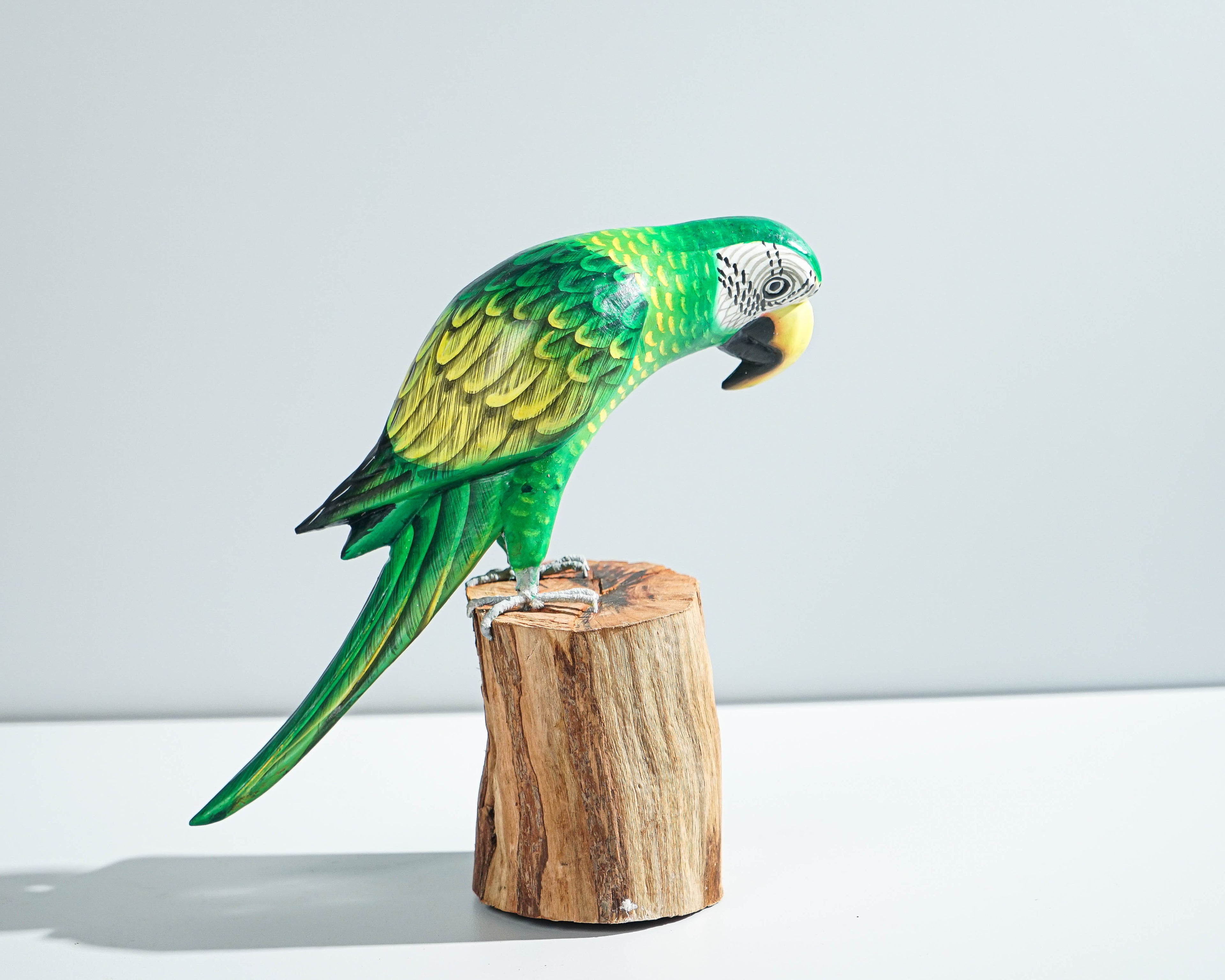 Green Yellow Macaw Parrot Statue, Painted Wood Carving, Colorful Art, Antique, Bird Figurine, Handcrafted, Indoor Decor, Gift for Him