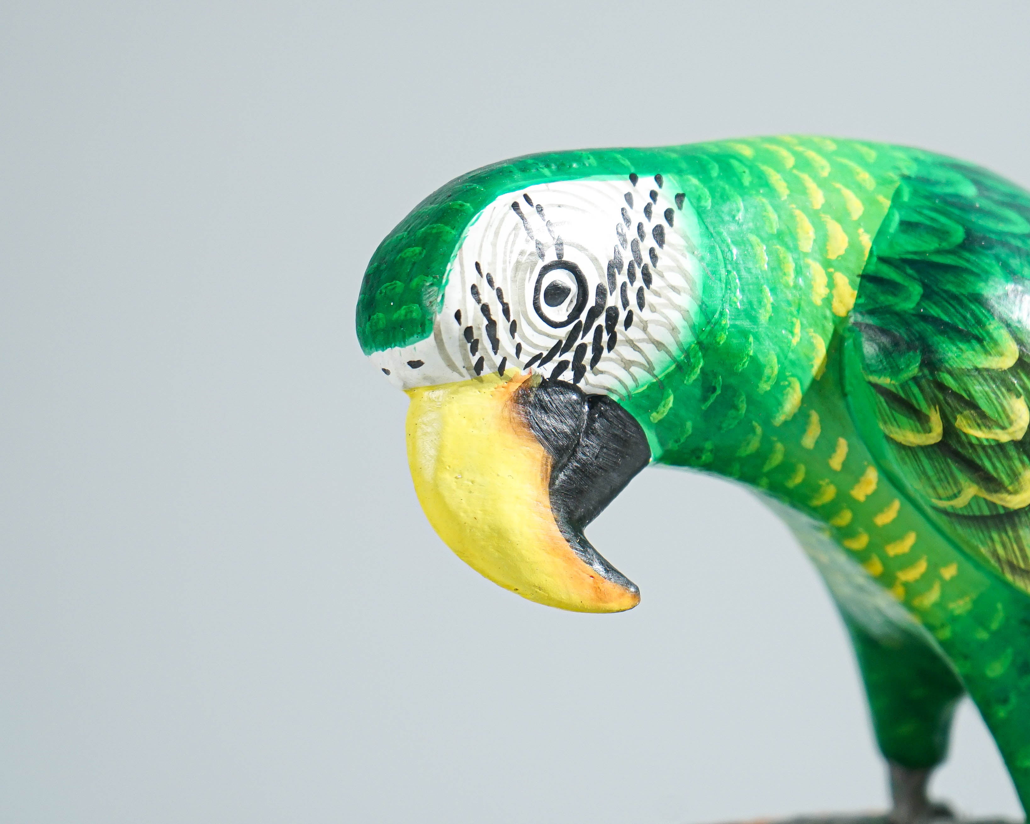 Green Yellow Macaw Parrot Statue, Painted Wood Carving, Colorful Art, Antique, Bird Figurine, Handcrafted, Indoor Decor, Gift for Him