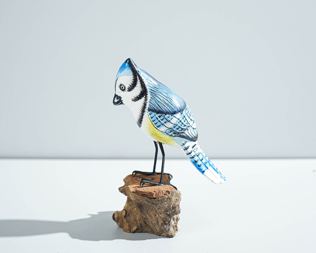 Blue jay Bird Statue, Painted Wood Carving, Wooden Bird Art, Handcrafted, Animal Figurine, Decorative, Tropical Decor, Handmade Gift
