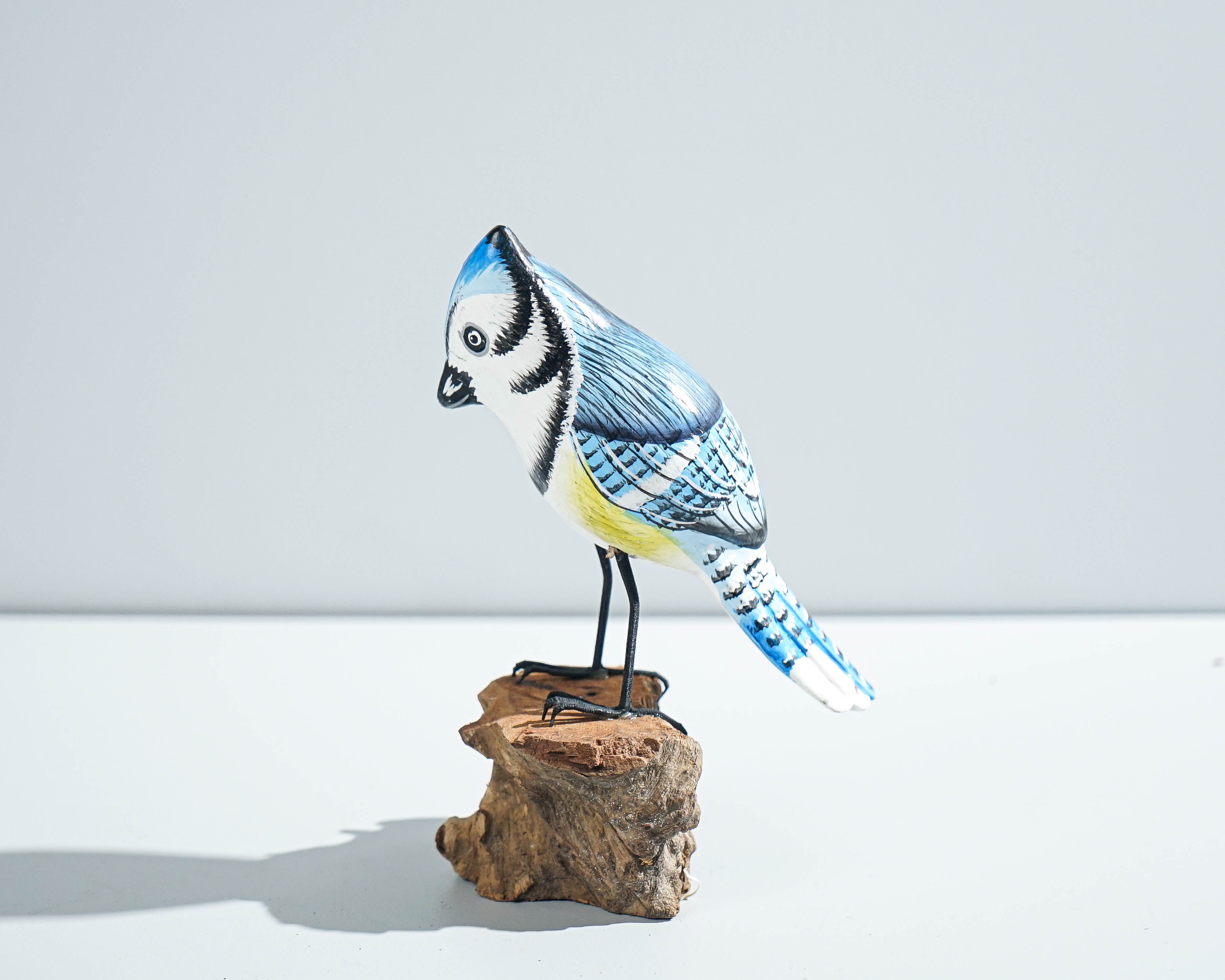 Blue jay Bird Statue, Painted Wood Carving, Wooden Bird Art, Handcrafted, Animal Figurine, Decorative, Tropical Decor, Handmade Gift