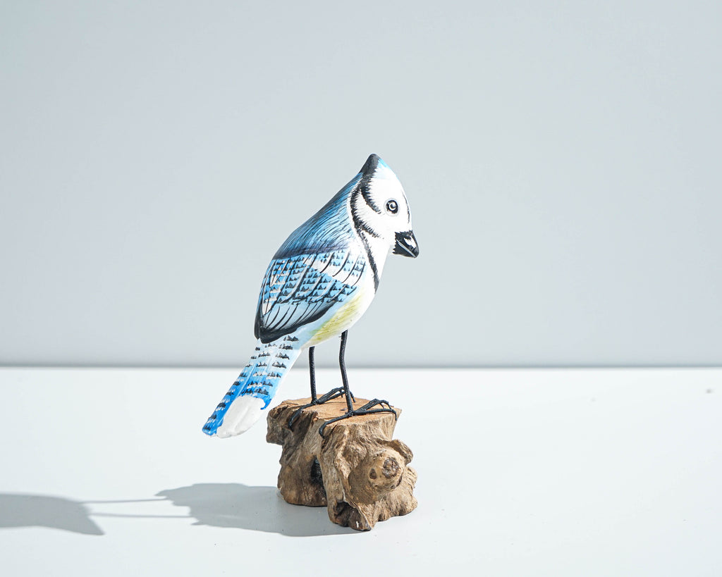 Blue jay Bird Statue, Painted Wood Carving, Wooden Bird Art, Handcrafted, Animal Figurine, Decorative, Tropical Decor, Handmade Gift
