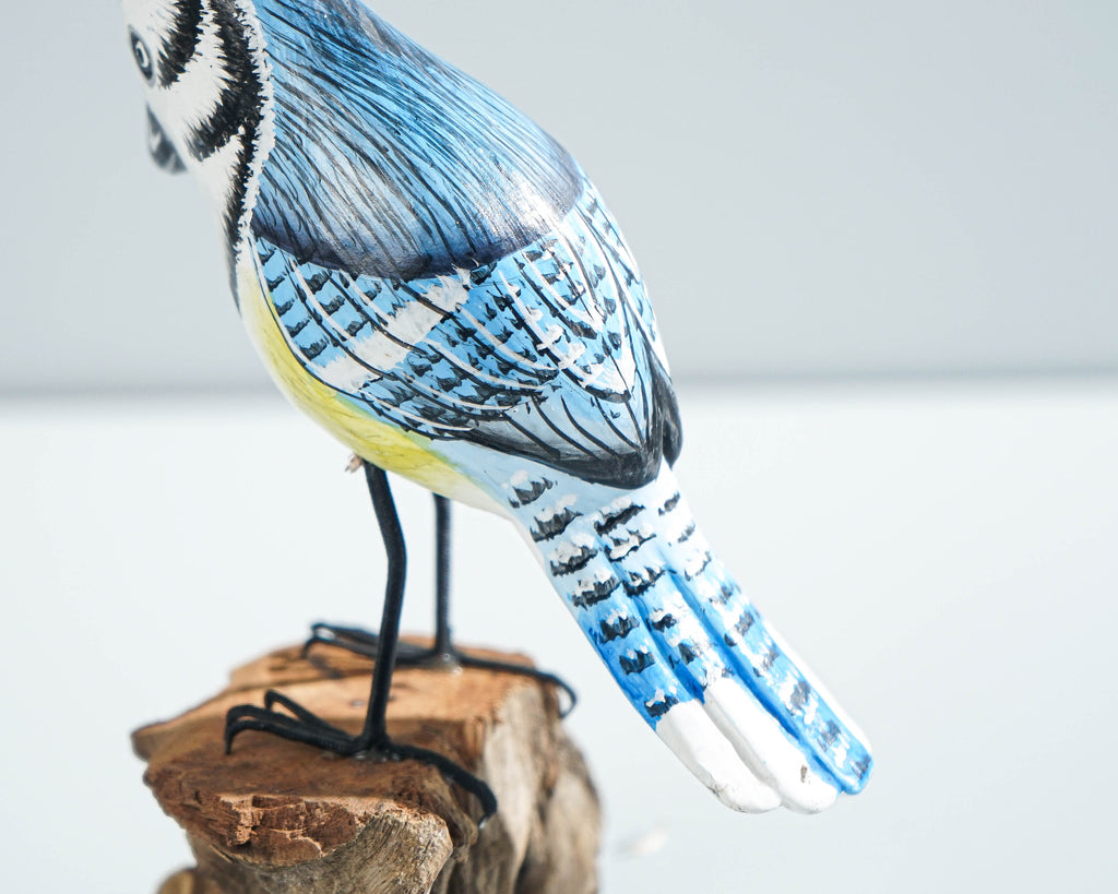 Blue jay Bird Statue, Painted Wood Carving, Wooden Bird Art, Handcrafted, Animal Figurine, Decorative, Tropical Decor, Handmade Gift