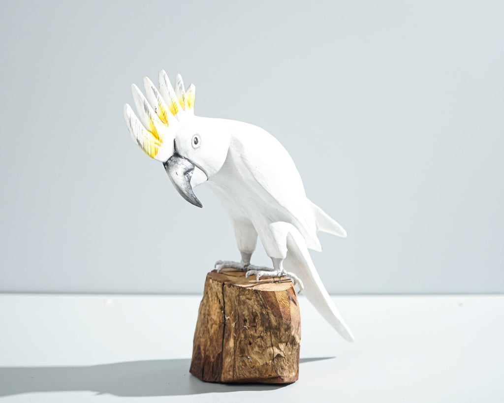 Sulphur-Crested Cockatoo Sculpture 8.7in Tall Hand-Carved Tropical Bird Art Decor