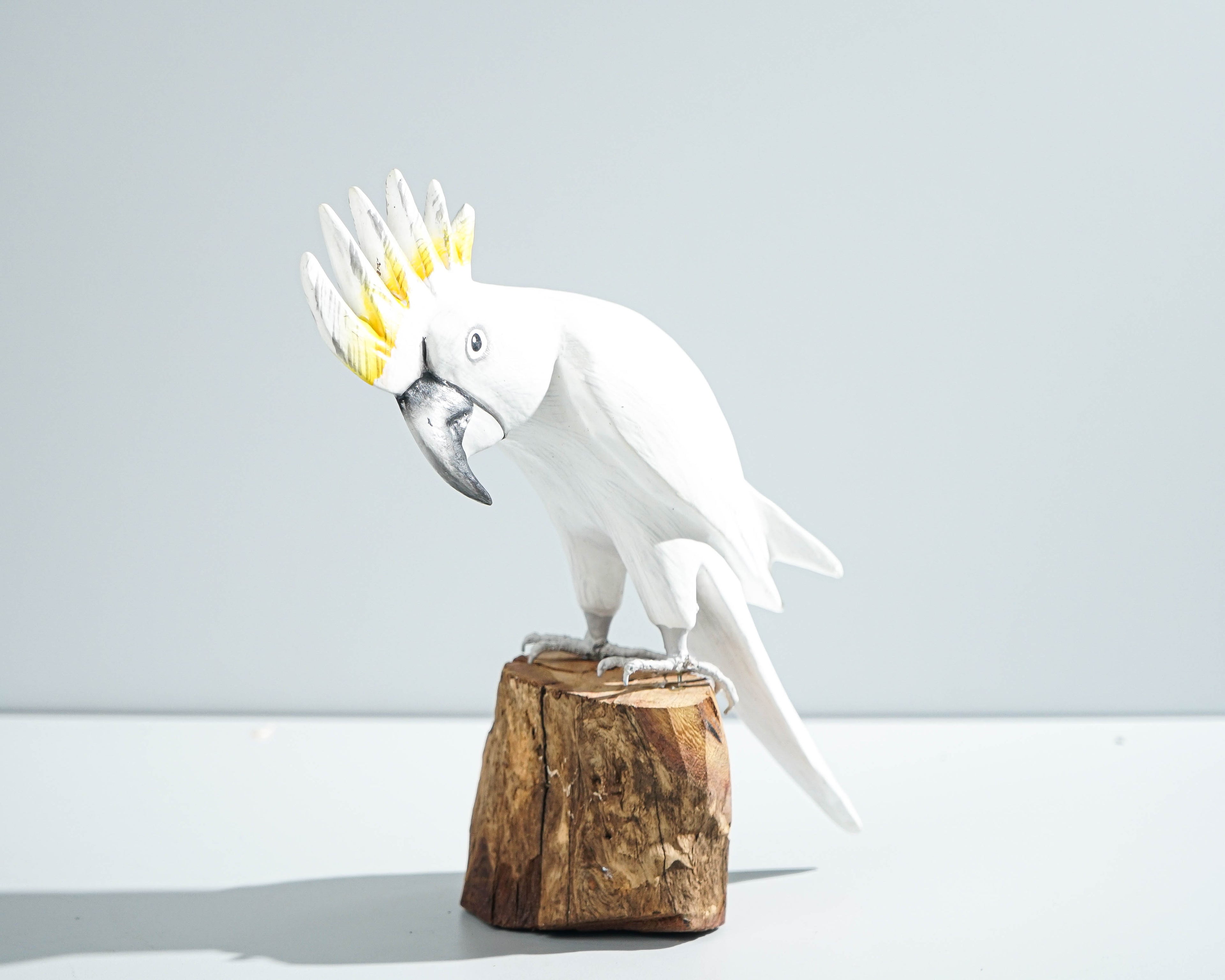 Sulphur-Crested Cockatoo Sculpture 8.7in Tall Hand-Carved Tropical Bird Art Decor