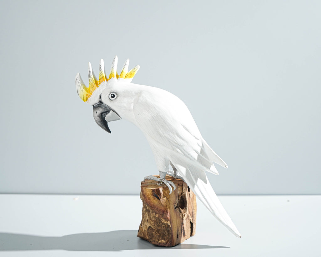 Sulphur-Crested Cockatoo Sculpture 8.7in Tall Hand-Carved Tropical Bird Art Decor