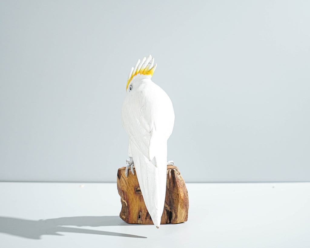 Sulphur-Crested Cockatoo Sculpture 8.7in Tall Hand-Carved Tropical Bird Art Decor