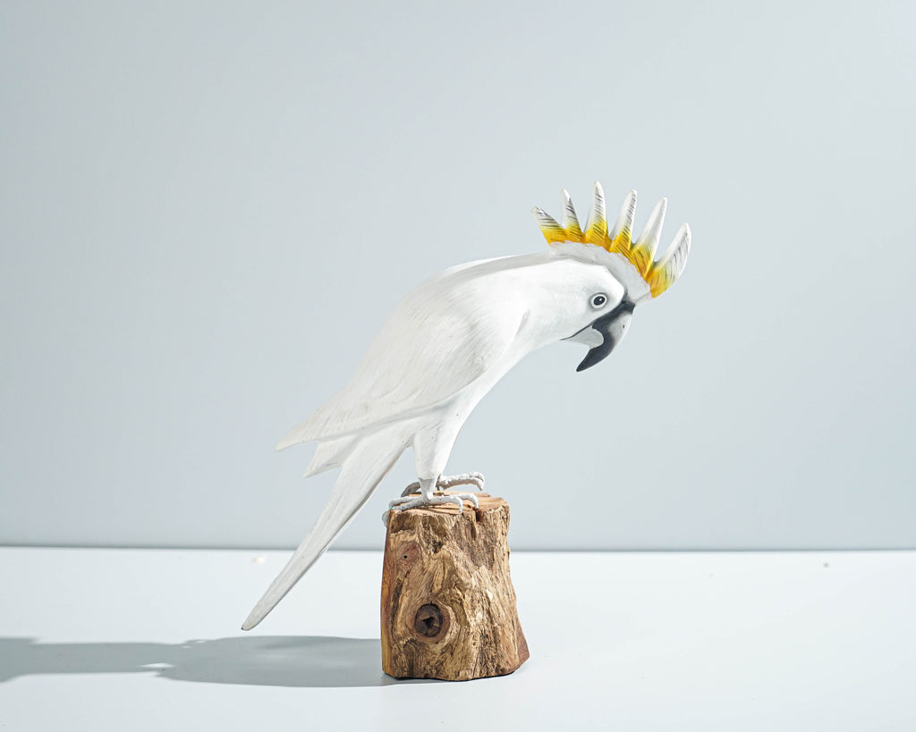 Sulphur-Crested Cockatoo Sculpture 8.7in Tall Hand-Carved Tropical Bird Art Decor