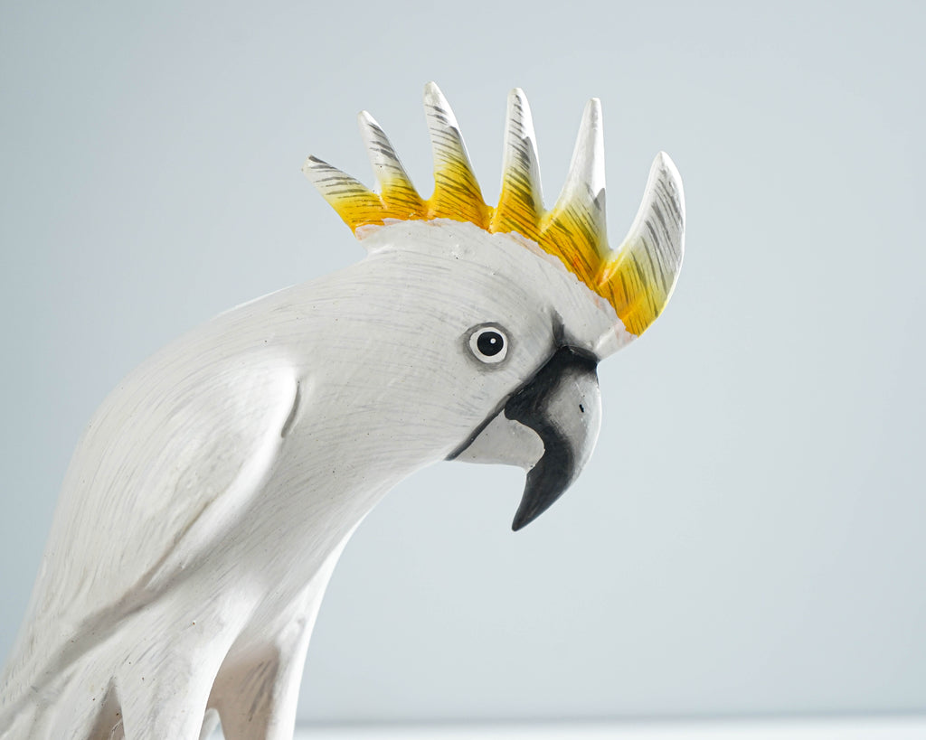Sulphur-Crested Cockatoo Sculpture 8.7in Tall Hand-Carved Tropical Bird Art Decor