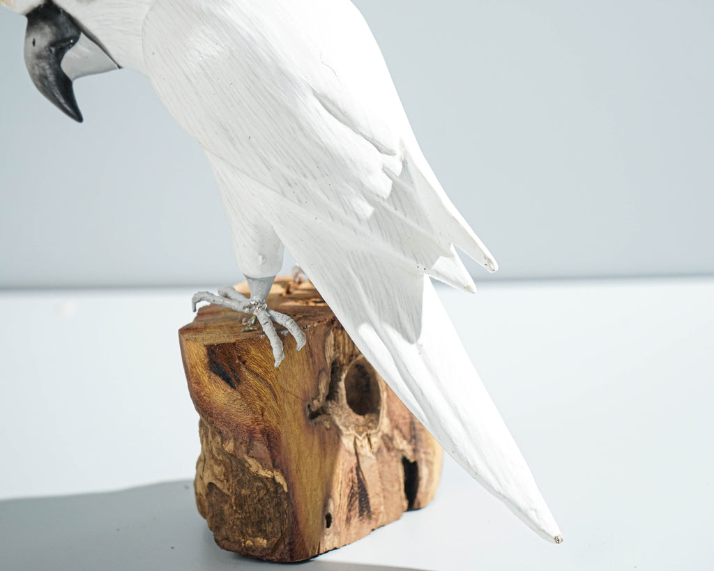 Sulphur-Crested Cockatoo Sculpture 8.7in Tall Hand-Carved Tropical Bird Art Decor