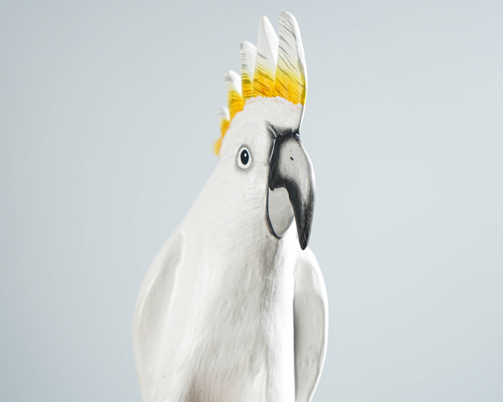 Sulphur-Crested Cockatoo Sculpture 8.7in Tall Hand-Carved Tropical Bird Art Decor