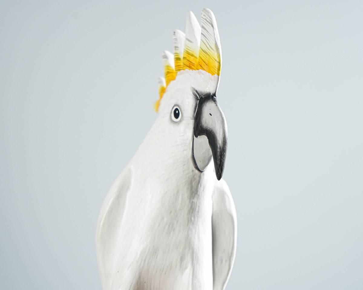 Sulphur-Crested Cockatoo Sculpture 8.7in Tall Hand-Carved Tropical Bird Art Decor