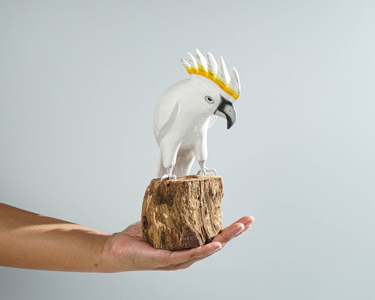 Sulphur-Crested Cockatoo Sculpture 8.7in Tall Hand-Carved Tropical Bird Art Decor